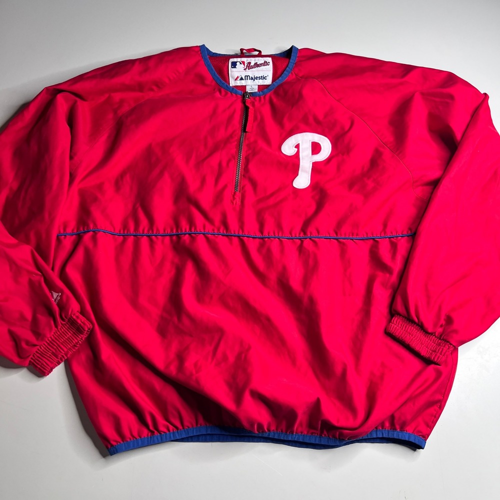 Majestic Philadelphia Phillies MLB Quarter Zip Windbreaker Jacket Red Mens L